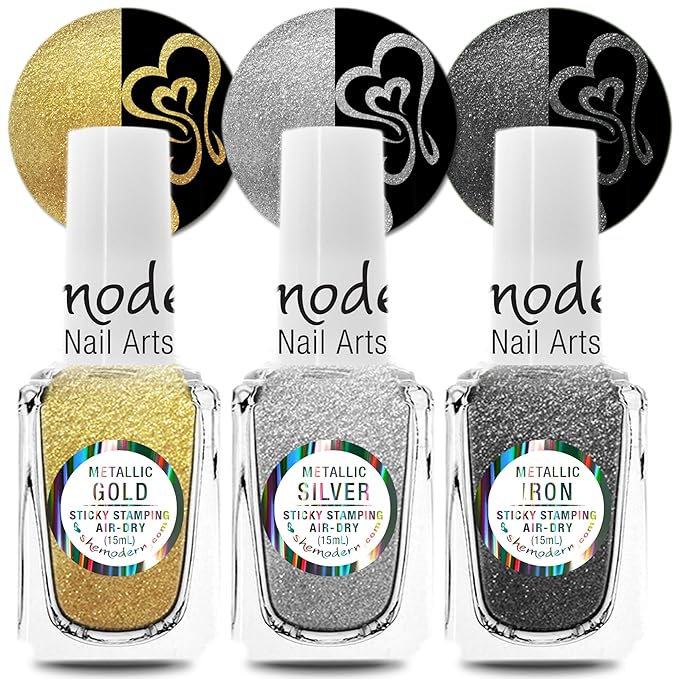 SheModern STICKY Metallic GOLD + SILVER + IRON Stamping Polishes (Set of 3) For Nail Art Design Air Dry Collection. More Transfer Time with Tacky Surface for Easy Adhere of Pigment, Glitter