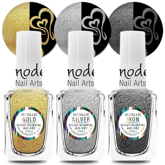 SheModern STICKY Metallic GOLD + SILVER + IRON Stamping Polishes (Set of 3) For Nail Art Design Air Dry Collection. More Transfer Time with Tacky Surface for Easy Adhere of Pigment, Glitter