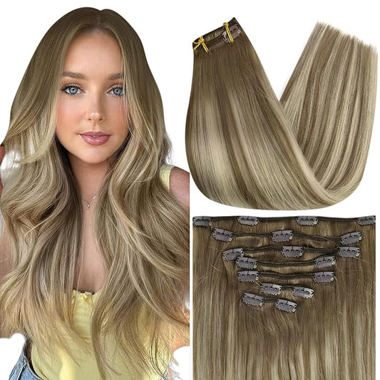 Full Shine Remy Clip in Hair Extensions Chestnut Brown to Blonde Highlights 6/60/6 Real Hair Clip in Extensions 7 Pcs Double Weft Human Hair Extension 16 Inch 120 G
