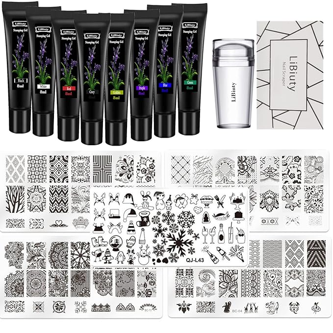 Nail Template Kit - 5pcs Nail Stamping Plates with Stamper & Scraper - 8 Colors Gel Polish Set