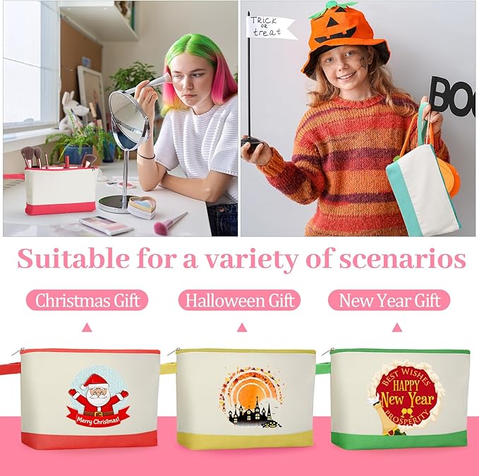 Silkfly 15 Pcs Cotton Canvas Makeup Bags Canvas Cosmetic Bag 10.2 x 5.5 x 2 Inches Two Tone Makeup Bags Bulk with Zipper Blank DIY Pouch with Bottom Travel Toiletry Pouch for Women (Cute)