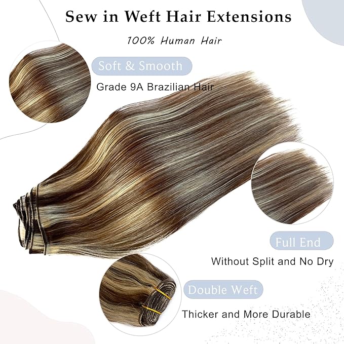 Ubetta Real Human Hair Extensions, 14Inch 80G Weft, Chocolate Brown Balayage Blonde Highlights, Hand Tied Weft Hair Weave Bundles