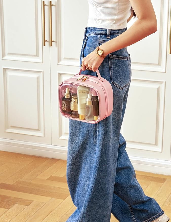 Clear Cosmetic Bag Double Layer 4 Compartments Travel Toiletry Bag Clear Makeup Case with Zipper Transparent Travel Bag for Toiletries, TSA Approved, Gift for Women Girls (Pink)