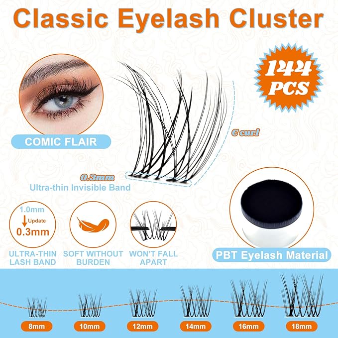 Individual Cluster Lashes D Curl DIY Extension Kit - Classic 8-18mm With Bond, Seal, and Remover - Ultra-Invisible Band, No-Glue Lower Lashes, First Met-Kit