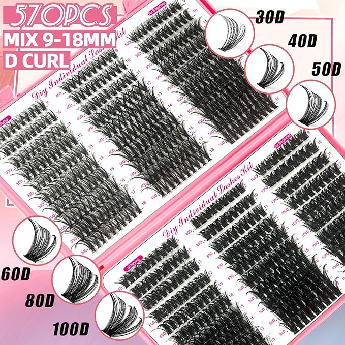 DIY Lash Extension Kit 782Pcs D Curl 4 styles Individual Lash with Bottom Lash Clusters Lash Bond and Seal,Quick Glue Remover Tweezers Eyelash Brush Mini Applicator (LASH001)