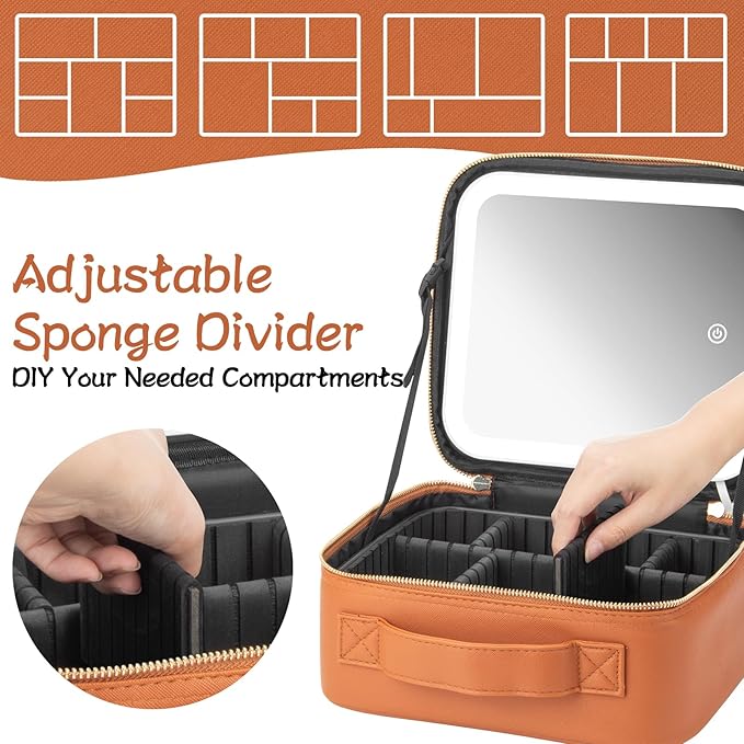 Makeup Travel Train Case with Mirror LED Light 3 Adjustable Brightness Cosmetic Bag Portable Storage Adjustable Partition Waterproof Makeup Brushes Makeup Jewelry Gift for Women (Brown)