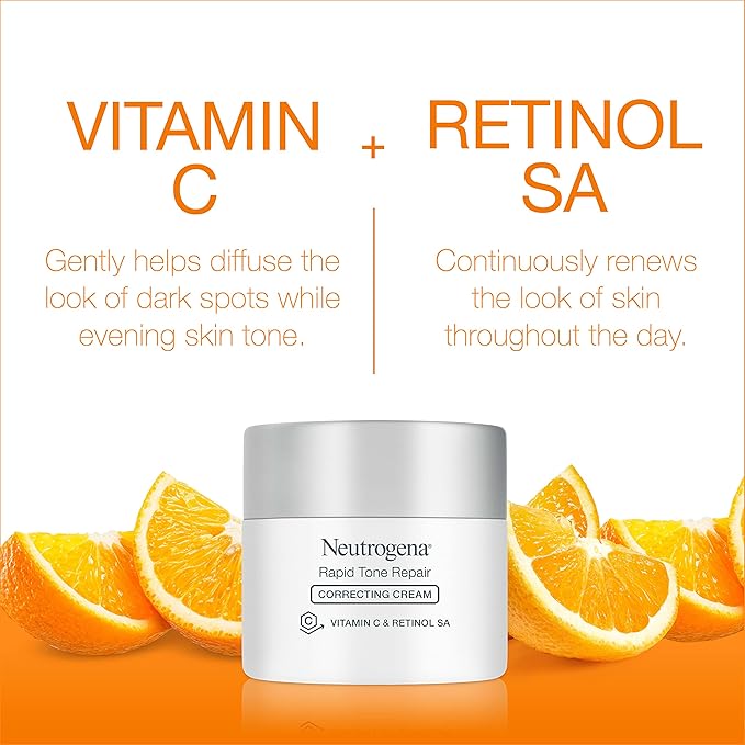 Neutrogena Retinol + Vitamin C Correcting Cream, Rapid Tone Repair Face & Neck Cream with Hyaluronic Acid for Dark Spots, Fine Lines & Wrinkles, 1.7 oz