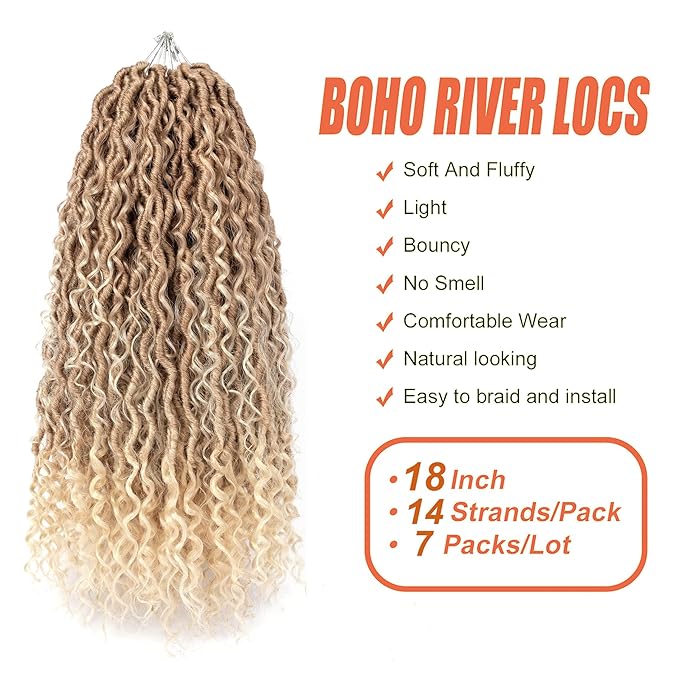 Aipin Goddess Locs Crochet Hair 18 Inch Boho River Locs Hippie Locs Wavy Crochet With Curly Hair In Middle And Ends Braids Hair Extensions (7Packs,18 inch,T27/613)