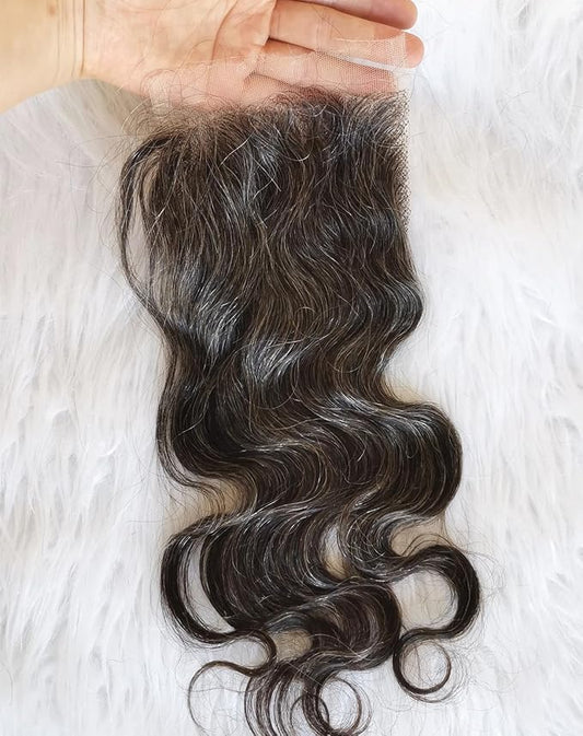 4×4 Thin HD Body Wave Human Hair Closure 12IN Raw Salt and Pepper Unprocessed Wavy Gray Closure Human Hair Invisible Thin Lace Body Wave Natural Black Mixed 50% Grey Virgin Hair Piece by Clytie