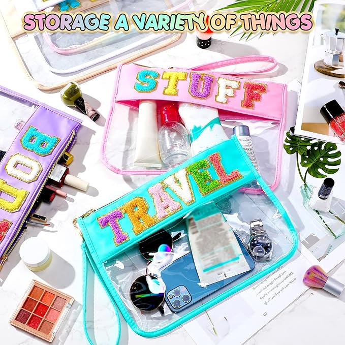 Abbylike 6 Pcs Chenille Letter Clear Zipper Pouch Summer Waterproof Cosmetic Pouch Travel Gym Beach Hawaii Bag Travel Patch Purse Makeup Letter Bag for Women Girls, 6 Colors(Macaron Colors,Cute)