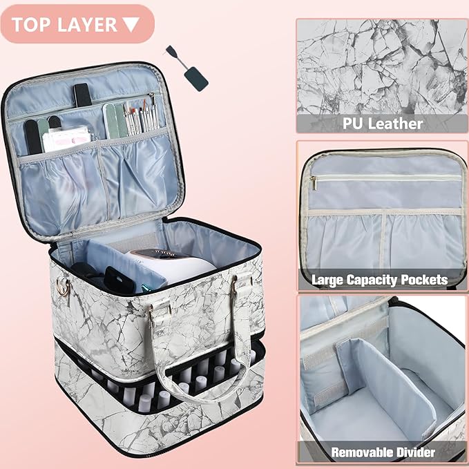 Large Nail Polish Organizer Case Hold 84+ Bottles Nail Polish & Nail Lamp, 3 Layers Nail Organizers and Storage for Nail Tech with Divider, Travel Carrying Case for Nail Polish Kit Set(White)