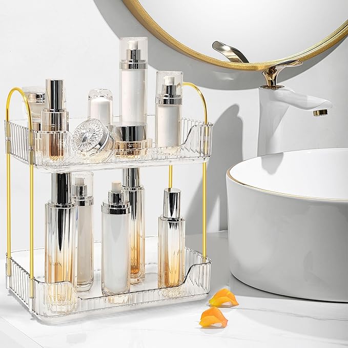 Bathroom Counter Organizer Countertop Storage Skincare Countertop Makeup Organizer Cosmetics Skincare Organizers Holder for Perfume-Clear-Golden Pole