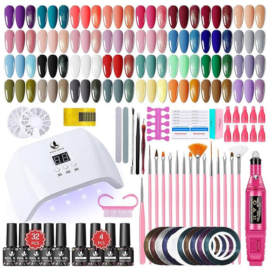 89Pcs Gel Nail Polish Kit with UV Light and Nail Drill Starter Kit- 32 Colors Nail Polish 4Pcs Top Base Coat and 15Pcs Nail Brush All in One Manicure Kit for Beginners DIY at Home Gifts for Women