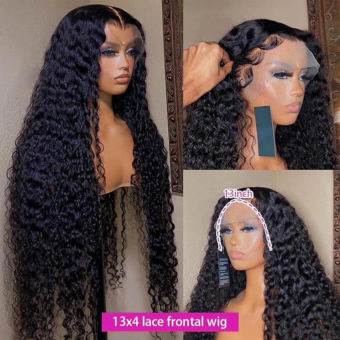 13x4 Deep Wave Lace Front Wigs Human Hair HD Transparent Deep Curly Lace Front Wigs Human Hair 180 Density Frontal Glueless Wigs for Women Human Hair Pre Plucked with Baby Hair 34Inch