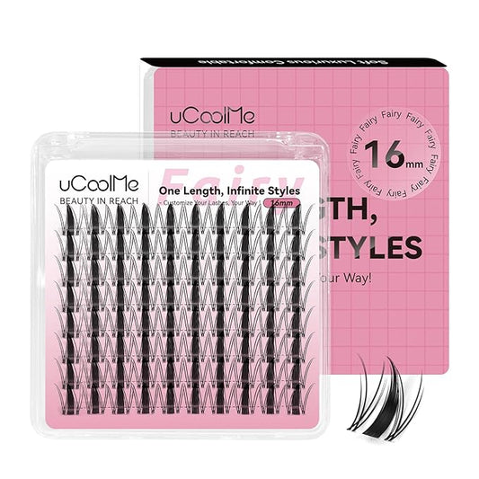 Fairy Lash Clusters 16mm C Curl Manga Lash Clusters Spiky Eyelash Clusters Individual Lashes WideSpan Wet-Look 0.05mm Ultra-Thin Invisible Band(Fairy,16mm)