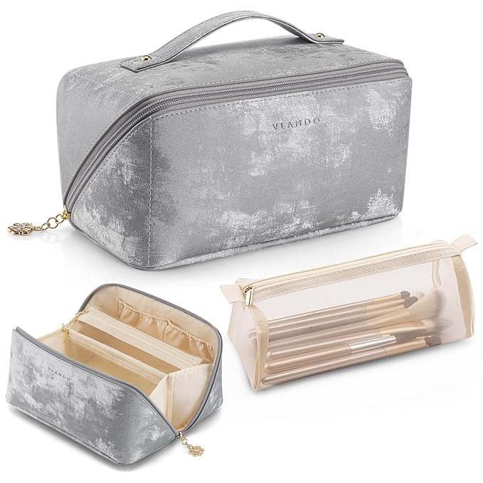 Vlando Travel Makeup Bag Portable Travel Toiletry Bag for Women PU Leather Open Flat Make up Organizer for Toiletries,Christmas Birthday Gifts for Wife Mom Girls(Silver)