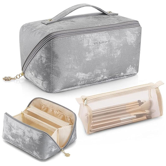 Vlando Travel Makeup Bag Portable Travel Toiletry Bag for Women PU Leather Open Flat Make up Organizer for Toiletries,Christmas Birthday Gifts for Wife Mom Girls(Silver)