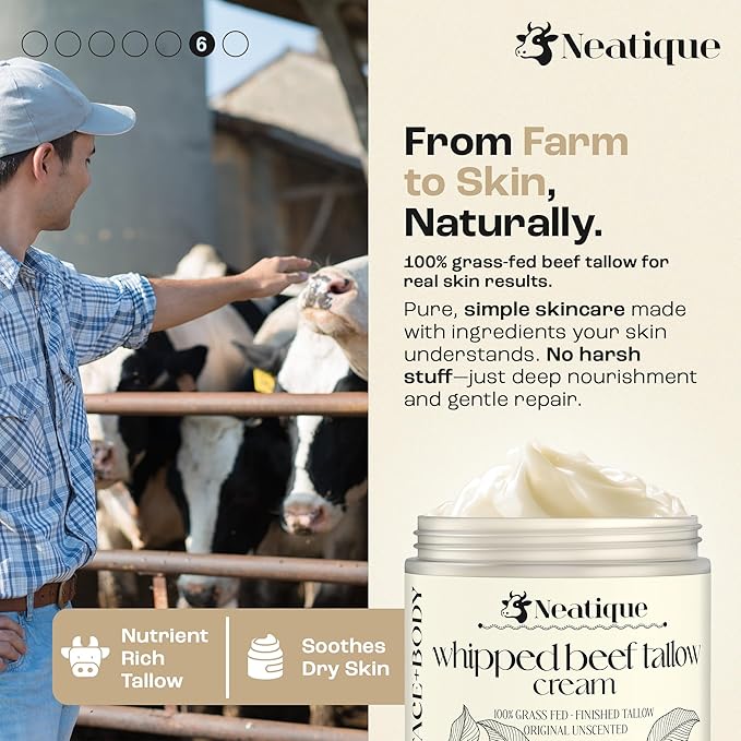 100% Grass Fed Beef Tallow for Skin Care by Neatique | Face & Body | Whipped Moisturizer for Skin | with Organic Beeswax & Organic Honey Balm | All Natural Formula, 2.13oz (Unscented)