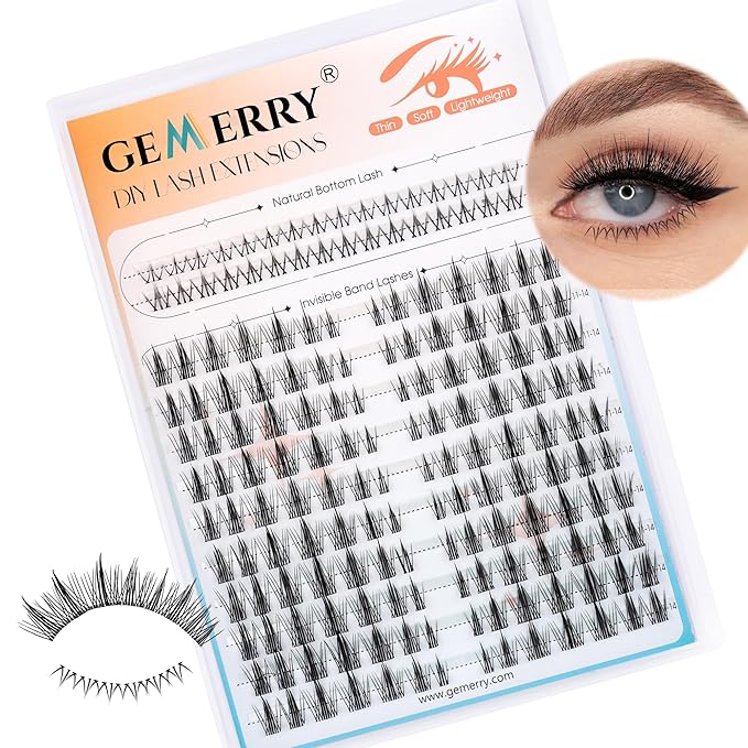 GEMERRY Lash Clusters with Bottom Lashes Natural Cluster Eyelash Extensions 11-14mm Cluster Lashes Wispy Lash Extension Clusters with 5-6mm Bottom Eyelashes DIY Eyelash Clusters for Self Use
