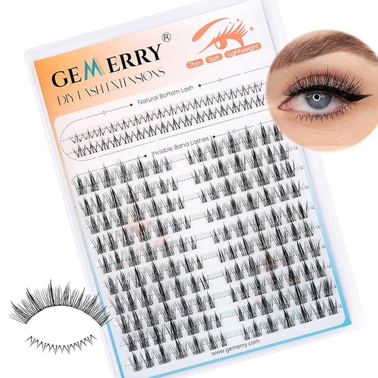 GEMERRY Lash Clusters with Bottom Lashes Natural Cluster Eyelash Extensions 11-14mm Cluster Lashes Wispy Lash Extension Clusters with 5-6mm Bottom Eyelashes DIY Eyelash Clusters for Self Use