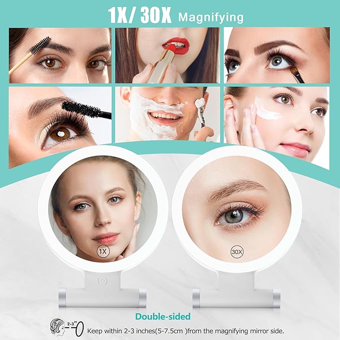 B Beauty Planet Magnifying Mirror with Light 30X/1X,Double Sided Tabletop Mirror with Adjustable Folding Handle,Cosmetic Mirror for Makeup/Travel, Tweezing, and Blackhead/Blemish Removal