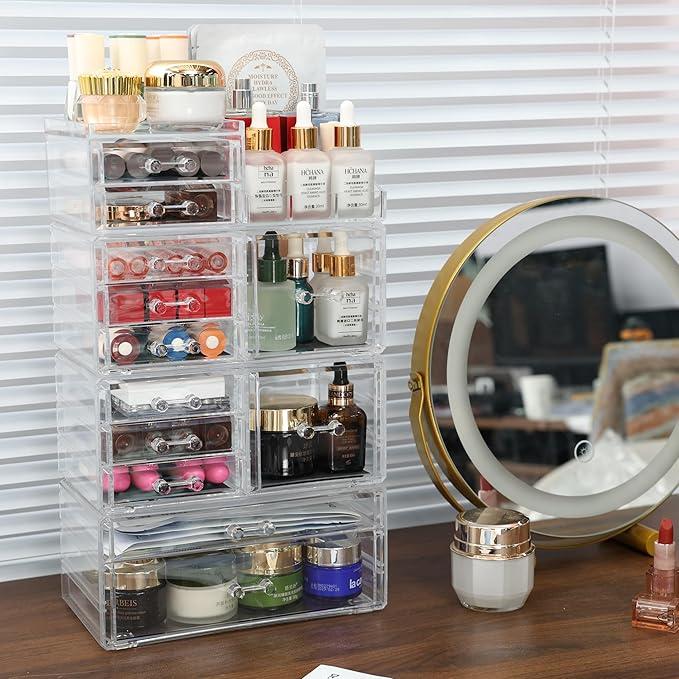 Cq acrylic 4 Pack Clear Makeup Organizer for Counter,12 Drawers Stackable Skincare Organizer,Large Cosmetic Storage Organizer for Jewelry,Hair Accessory,Beauty,Skin Care,Vanity Organizers and Storage