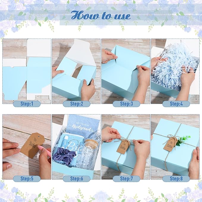 54 Pcs Bridesmaid Proposal Gifts Bridesmaid Box Set Include Bridal Shower Gift Box Makeup Bag Invited Card Glass Cup Lip Balm Scrunchie Hair Knotted Bracelet for Maid of Honor(Blue)