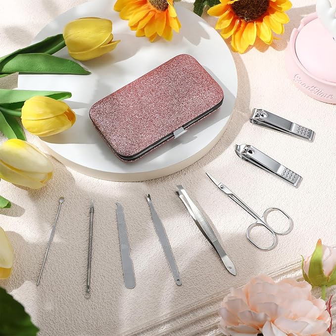 Lasnten 24 Set Manicure Set Bulk Nail Clippers Grooming Nail Kit Stainless Steel Professional Pedicure Kit Pedicure Tools with Travel Case Gifts for Men Women Personal(8 in 1,Shiny Pink)