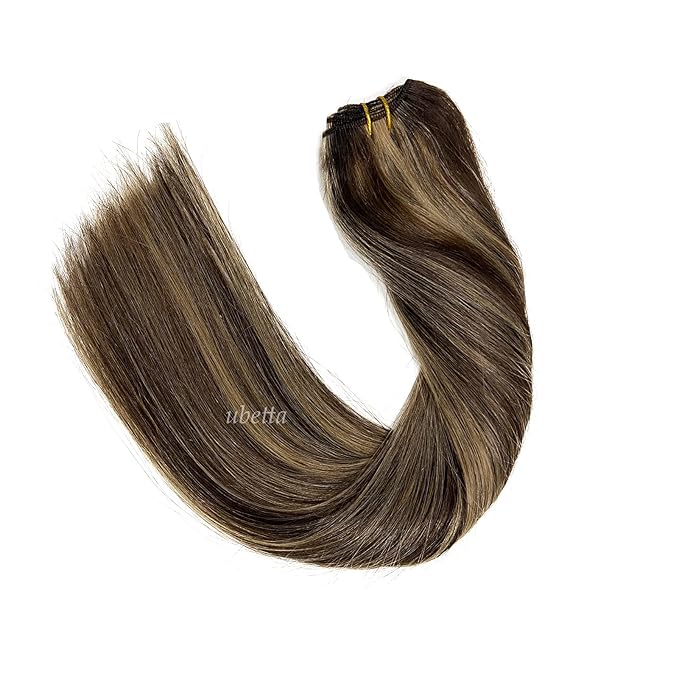 Sew in Hair Extensions Real Human Hair, Dark Brown Balayage Blonde Hand Tied Weft Hair Extensions Human Hair Bundles,120G 22 Inch Human Hair Wefts Sew in Extensions for Women