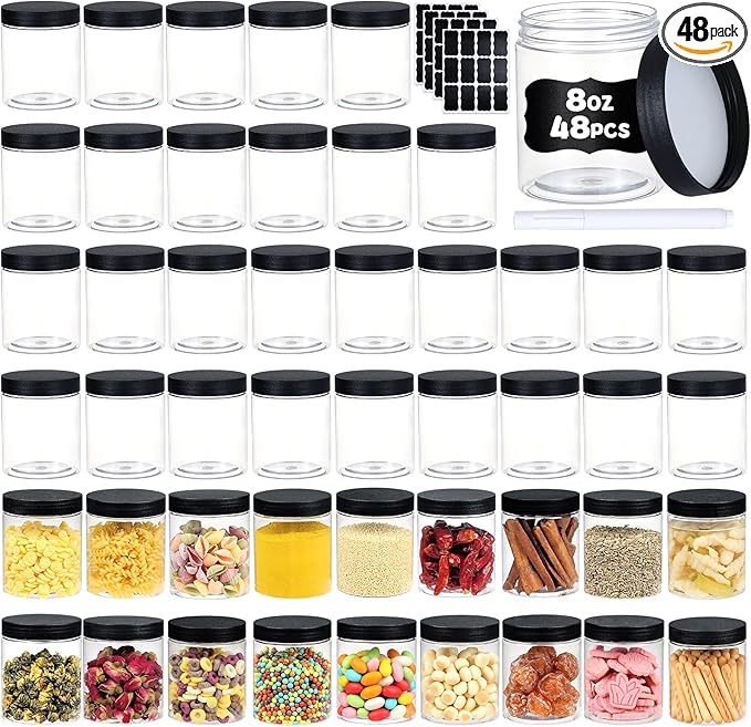 48 PCS 8 OZ Plastic Jars with Screw On Lids, Pen and Labels Refillable Empty Round Slime Cosmetics Containers for Storing Dry Food, Makeup, Slime, Honey Jam, Cream, Butter, Lotion, black