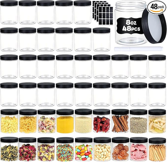 48 PCS 8 OZ Plastic Jars with Screw On Lids, Pen and Labels Refillable Empty Round Slime Cosmetics Containers for Storing Dry Food, Makeup, Slime, Honey Jam, Cream, Butter, Lotion, black