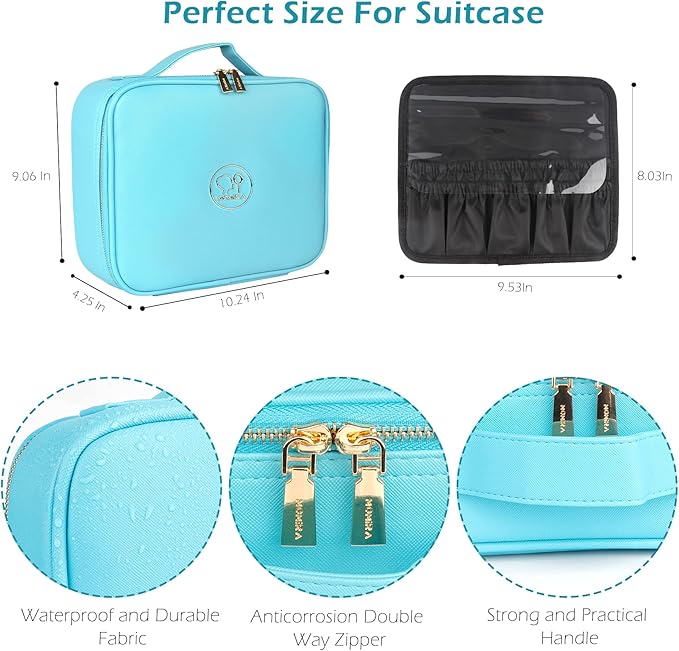 MOMIRA Travel Makeup Bag Cosmetic Bag Makeup Organizer Bag with Lighted Mirror, Adjustable Brightness in 3 Color Scenarios, Waterproof Makeup Train Case, Gift for Women - Diamond Blue