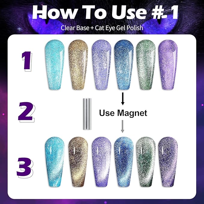 Clara Colors Cat Eye Gel Nail Polish Set, 6 Colors Autumn Romantic Galaxy Series Magnetic Nail Polish Holographic Glitter Cat Eye Gel Polish Kit with Magnet Long Lasting Soak Off UV LED