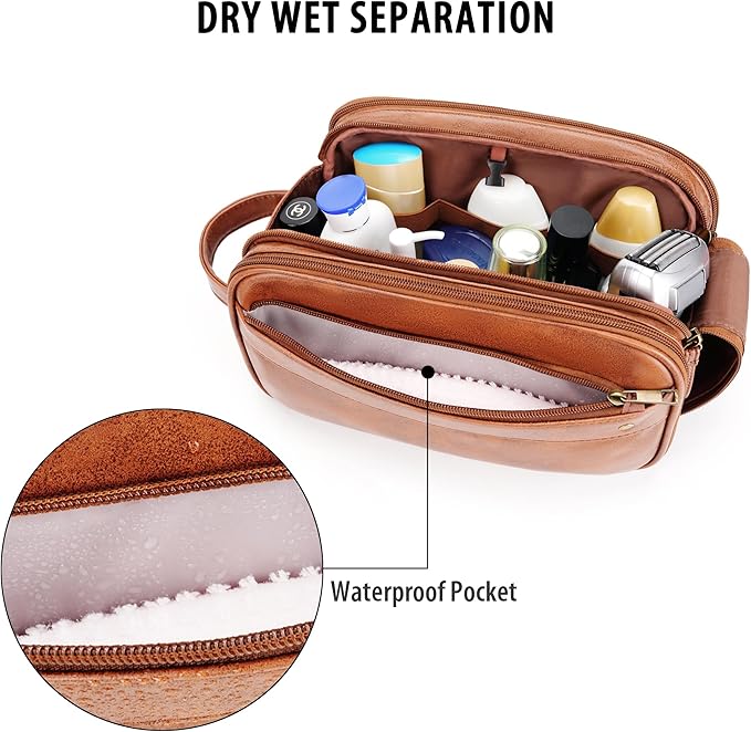 Travel Toiletry Bag for Men, Large Hanging Toiletries Organizer Bags, Cruise Ship Essentials, Water-resistant Shaving Case, PU Leather Makeup Accessories, Cosmetic Dopp Kit, Brown