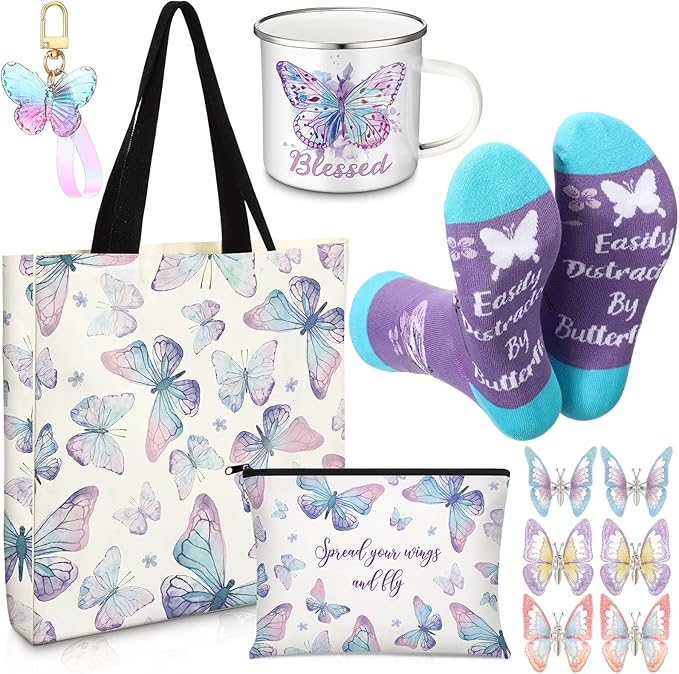 Animal Lover Gifts for Women Mother's Day Animal Themed Gifts for Mom Include Canvas Tote Bag, Makeup Bag, Socks, Keychain, Enamel Mug, Small Figurines(Butterfly)