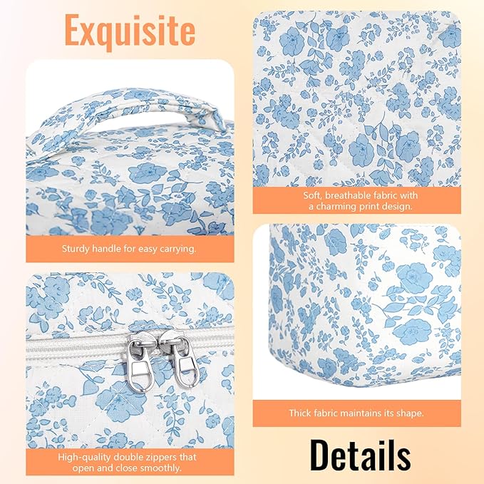 3Pcs Cotton Quilted Makeup Bag for Women Girls, Large Floral Cosmetic Bag Set Cute Makeup Brushes Aesthetic Accessories Storage Bag Travel Toiletry Bag Organizer, Little Flower Blue