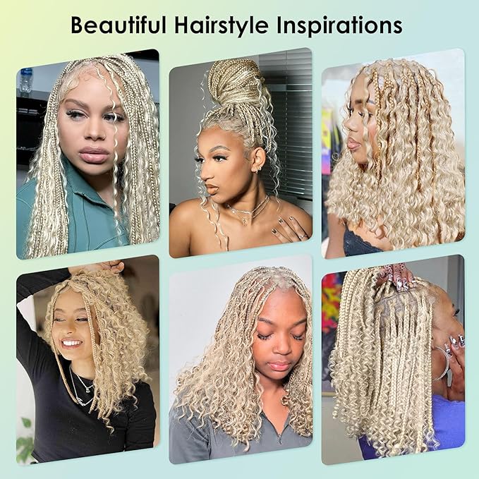 18 Inch HD Full Lace Braided Wigs for Women with Baby Hair Knotless Braid Wig Medium Human Hair blended Boho Box Braided Wigs With Cruls Ends Platinum Blonde