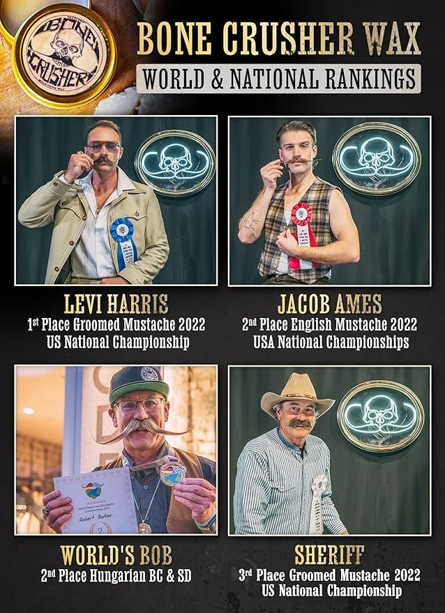 Mustache Wax Extra Strong Hold | 1oz Bone Crusher Moustache & Beard Wax Tin | Grooming For Men | Perfect For Dali Curly English Handlebar Mustaches By Death Grip | Heat Source Required