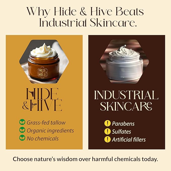HIDE & HIVE Whipped Tallow Balm – Grass-Fed Moisture for Face, Body & Hands – Organic Beef Tallow for Skin with Royal Jelly & Propolis – Clean, Non-Greasy Balm for Dry, Sensitive Skin