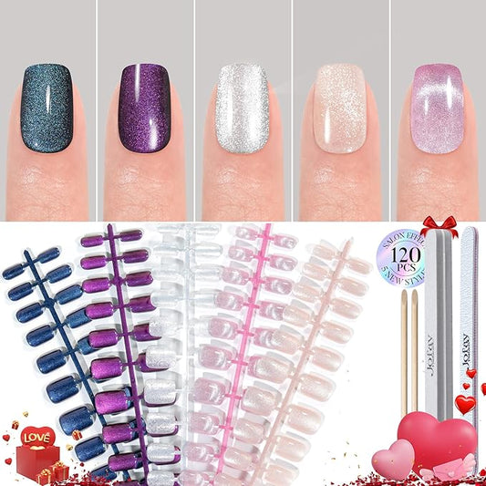 Cat Eye Press on Nails Short - 5 Styles | 120Pcs Fake Nails Square with Glitter Galaxy Chasing Light Cat Eye Designs, Artificial Acrylic Nails Gel Glue on Nails Stick on Nails for Women