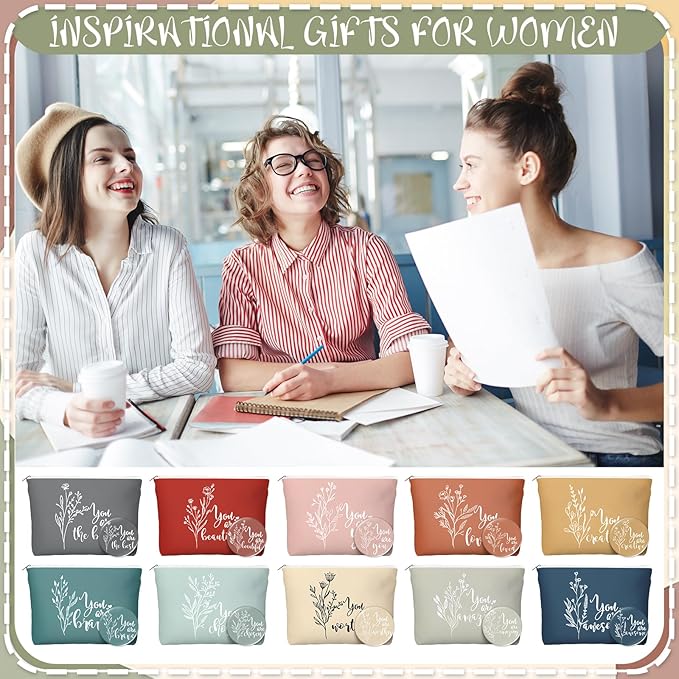 20 Pcs Employee Appreciation Gifts 10 Inspirational Canvas Makeup Bags 10 Compact Mirrors Bulk Cosmetic Bags Round Portable Pocket Mirror Thank You Gifts for Women (Bohemian)
