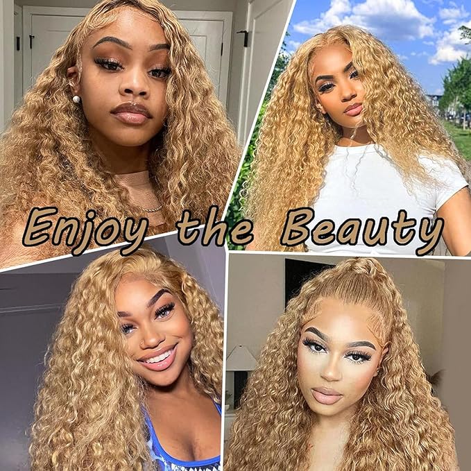 26inch Honey Blonde Wig Human Hair, Deep Wave Lace Front Wigs Human Hair #27 Color Blonde Curly 13x6 Hd Lace Front Wigs Pre Plucked With Baby Hair Lace Frontal Wig 180% Density For Black Women