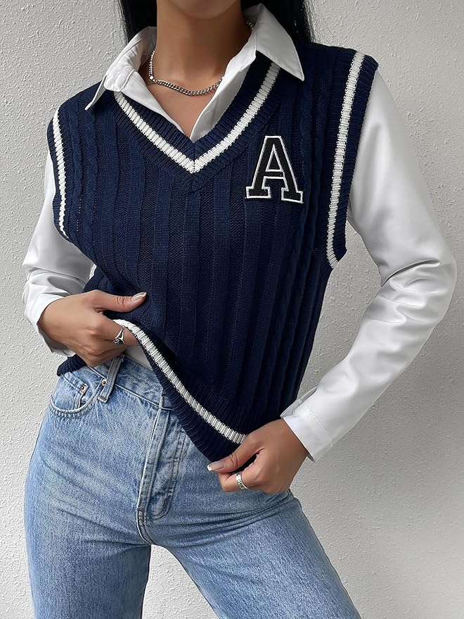 Floerns Women's V Neck Letter Striped Trim Sleeveless Sweater Vest Knit Top