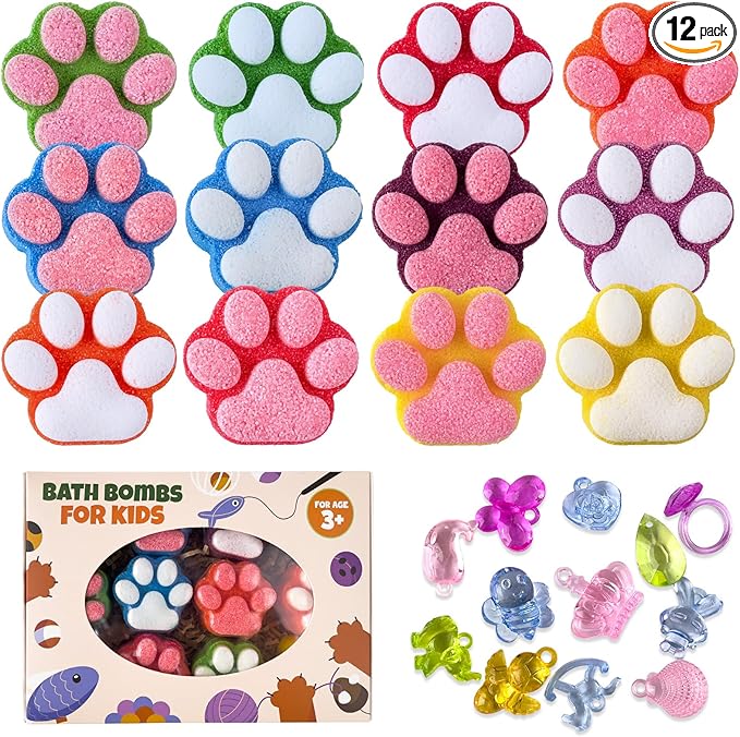 Paw Bath Bomb for Kids with Surprise Toys Inside, 12 Pcs Colorful Handmade Natural Bath Ball with Sparkling Crystal Toys, SPA Fizzy Bath Bomb Gift Set for Girl Boy at Christmas, Birthday