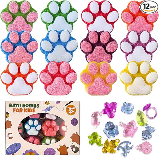 Paw Bath Bomb for Kids with Surprise Toys Inside, 12 Pcs Colorful Handmade Natural Bath Ball with Sparkling Crystal Toys, SPA Fizzy Bath Bomb Gift Set for Girl Boy at Christmas, Birthday