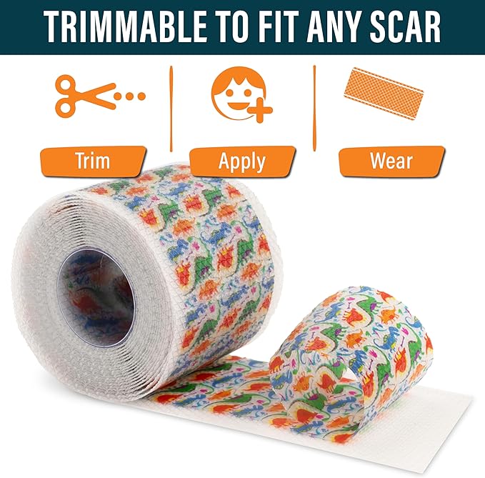 NUVADERMIS Silicone Scar Tape for Kids - Scar Tape for Surgical Scars - 120" x 1.5" Roll - Reusable Medical Grade Silicone Scar Tape for Children - 1 Pack - Dinosaurs