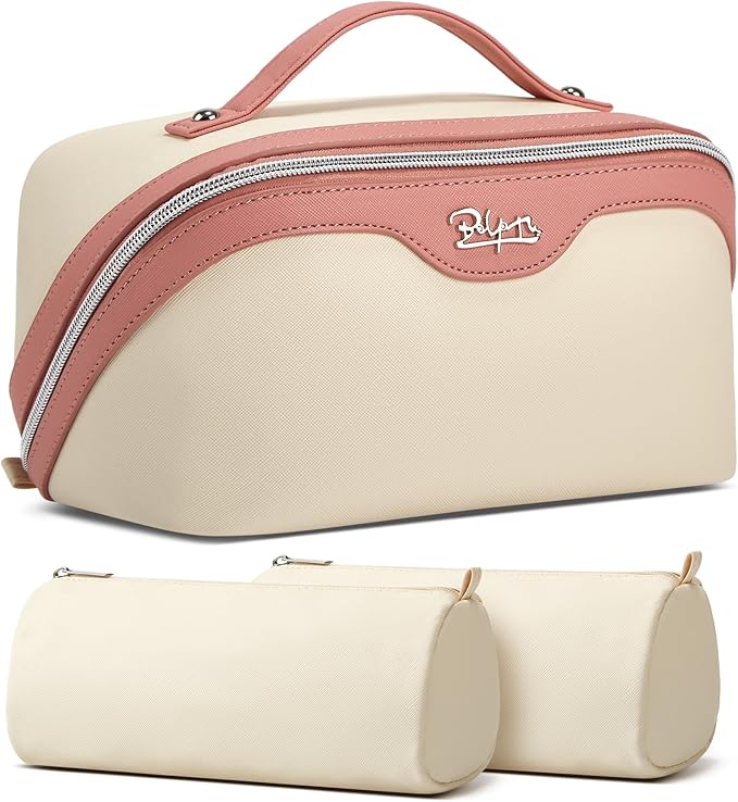 BOYATU Travel Makeup Bag Set: Portable Make up Bag for Traveling - Leather Cosmetic Bags for Women - Waterproof Toiletry Organizer Bags with Handle (D-02-White)