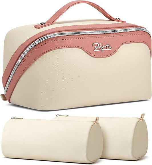 BOYATU Travel Makeup Bag Set: Portable Make up Bag for Traveling - Leather Cosmetic Bags for Women - Waterproof Toiletry Organizer Bags with Handle (D-02-White)