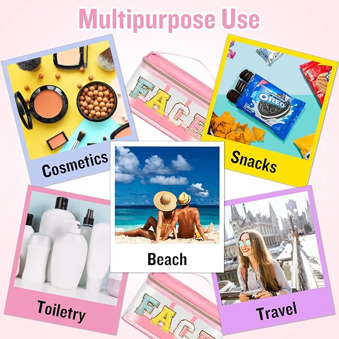 Chenille Letter Clear Makeup Bags Face Pouch, Preppy Patch Makeup Bag Zipper with Handle, Transparent PVC & Nylon Waterproof Glitter Cosmetic Handbag Travel Toiletry Storage for Women Girl(FACE-Pink)