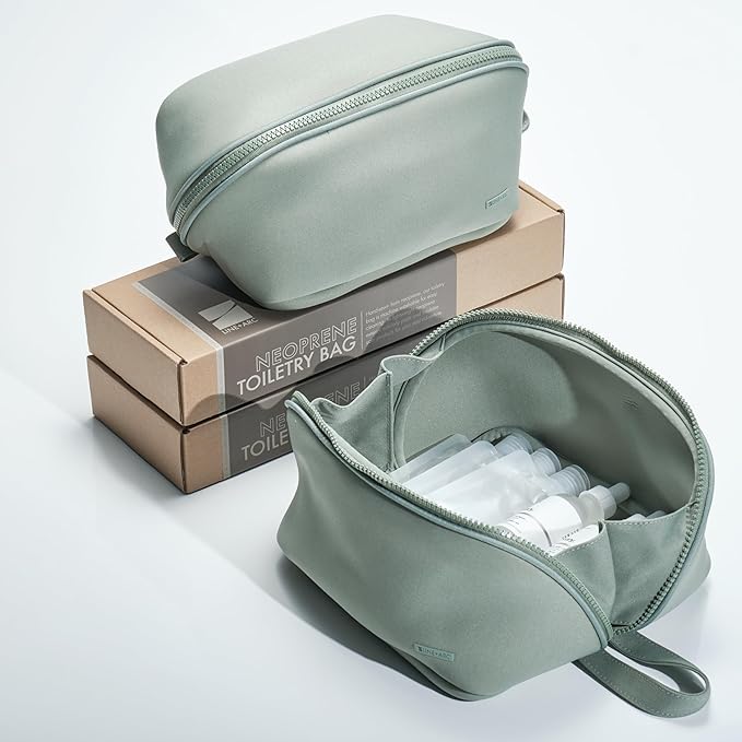 LINE+ARC Machine-Washable Neoprene Toiletry Bag (Sage) Modern Green Dopp Kit Soft Insulation for Cosmetics Makeup Travel Skincare Shaving Large Case Men Women Overnight Easy-to-Clean